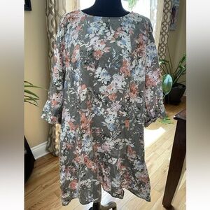 J Jill 100% Linen 3/4 Sleeve Floral Caraway Dress Unlined Women's Size XL Petite